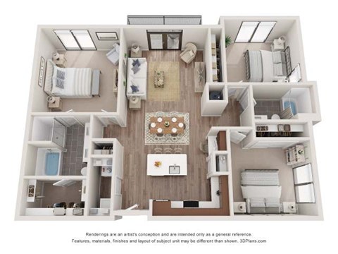 Floor plan for 3 beds, 2 baths, 1300 sqft
